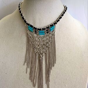 Silver color chain black suede faux turquoise stone with black bead bracelet new